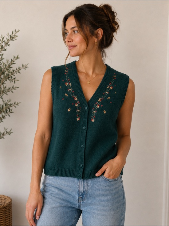 Tabi International Sweaters - Vintage Tabi Forest Green Floral Embroidered Sweater Vest | Made in Canada |